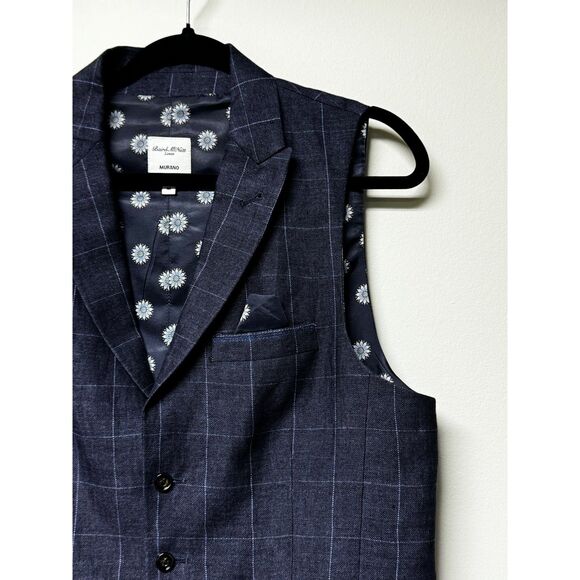 BAIRD MCNUTT 100% Linen Navy Windowpane Plaid Vest Pocket Square, Sz M - Picture 2 of 8